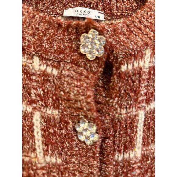 Oxxo Women’s Cardigan Sweater Size Large Textured Knit Crystal Flower Buttons - Picture 4 of 5